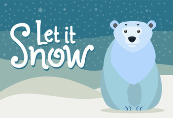 Polar bear sitting alone on snowy ground. Northern big mammal sit near let it snow caption, greeting with winter. Arctic wild animal closeup cartoon drawing. Vector illustration in flat style