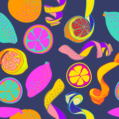 Modern seamless stylized design with citrus in pop-art style. Can be used for printing on paper, packaging, decorations, cards, textiles. 