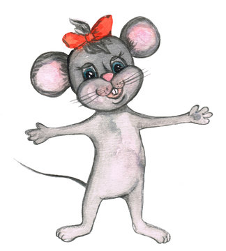 Cute watercolor mouse with red bow