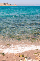 View on the port seaside on Rhodes island at sun day light