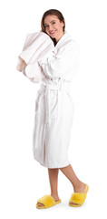 Young woman in bathrobe drying hair with towel on white background - obrazy, fototapety, plakaty
