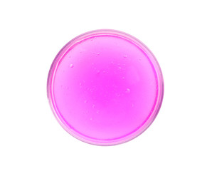 Pink slime with glitter in plastic container isolated on white, top view. Antistress toy