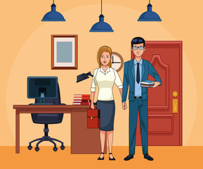 cartoon businesscouple at office scenery background, colorful design