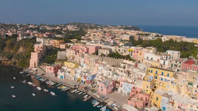 Aerial view of traditional Corriccella fisherman village in Procida, island near Naples, Italy