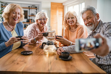 Group of happy seniors taking selfie while drinking tea at home.