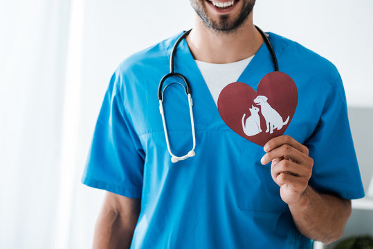 cropped view of smiling veterinarian showing paper cut heart with dog and cat symbols