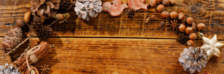 Christmas frame with copy space. Flat lay. Toys cones and New Year's decor. Place under your text. The concept of a festive mood. Banner.