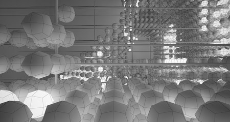 Abstract architectural white interior of  spheres with neon lighting. Drawing. 3D illustration and rendering.