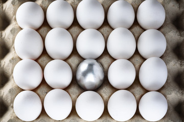 Silver egg standing out from crowd of plenty identical white eggs in carton box background. Leadership, uniqueness, independence, new idea, initiative, strategy, dissent, think different concept.