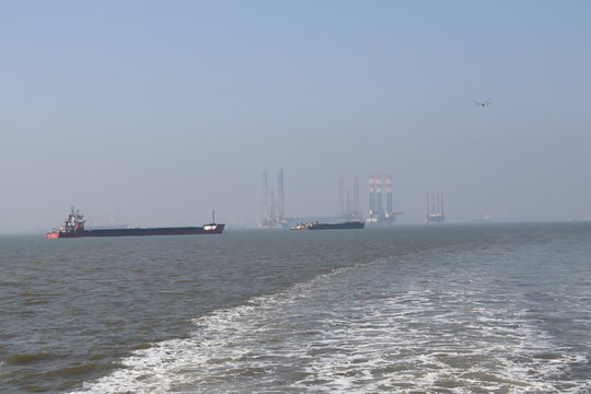 Mumbai, Maharastra/India- November 24 2019: Oil Rigs drilling out natural gas and crude oil from the sea bed. Bombay high special economic zone. 