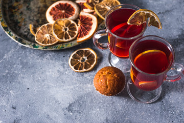 mulled wine a delicious holiday with spices from orange cinnamon and star anise. Traditional hot...