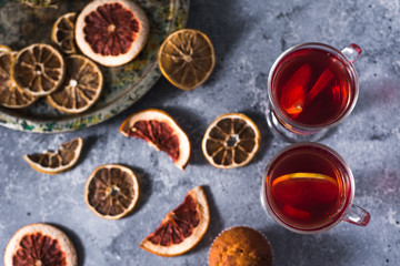Fototapeta na wymiar mulled wine a delicious holiday with spices from orange cinnamon and star anise. Traditional hot drink