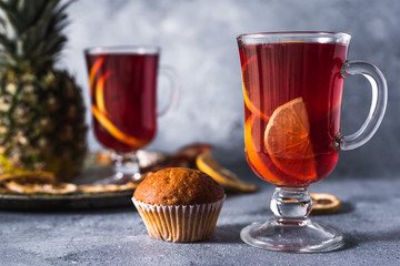 mulled wine a delicious holiday with spices from orange cinnamon and star anise. Traditional hot drink