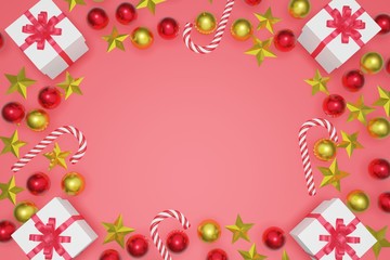 Top view Christmas and New Year red background with copy space frame, 3d rendering.