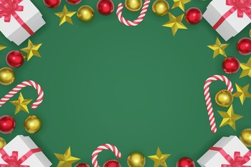 Top view Christmas and New Year dark green background with copy space frame, 3d rendering.