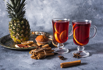 mulled wine a delicious holiday with spices from orange cinnamon and star anise. Traditional hot drink