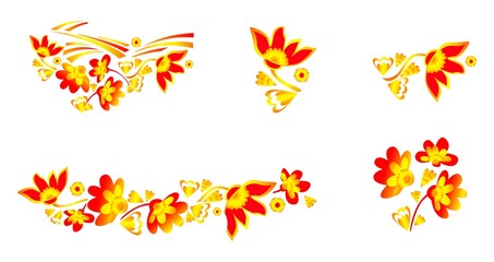 Set of decorative red-yellow flowers ornament. Design pattern. Vector illustration.