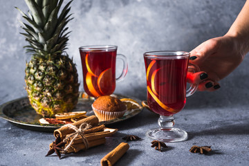 mulled wine a delicious holiday with spices from orange cinnamon and star anise. Traditional hot drink