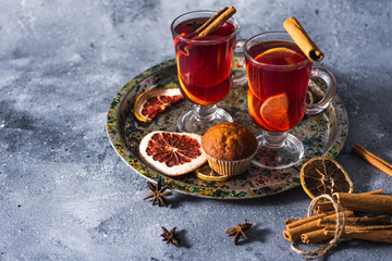mulled wine a delicious holiday with spices from orange cinnamon and star anise. Traditional hot...