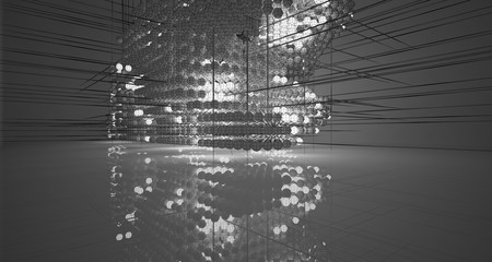 Abstract architectural white interior of  spheres with neon lighting. Drawing. 3D illustration and rendering.