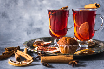 mulled wine a delicious holiday with spices from orange cinnamon and star anise. Traditional hot drink