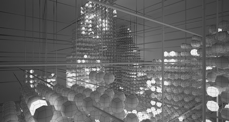 Abstract architectural white interior of  spheres with neon lighting. Drawing. 3D illustration and rendering.