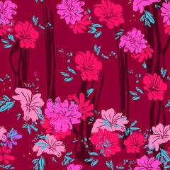 Background pattern of many different small flowers and plants. Seamless vector illustration. Trend Design print for textiles