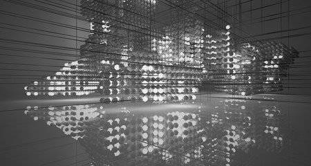 Abstract architectural white interior of  spheres with neon lighting. Drawing. 3D illustration and rendering.