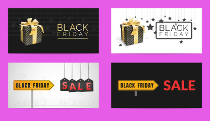 The set of banners for the black Friday sale. They are isolated on a purple solid background. The concept is a discount offer.