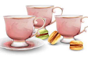 Pink watercolor tea cups with macaroon sweets. Vector