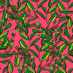 Sketch green foliage on a pink background print for textile. The drawn branches with leaves are a beautiful illustration for the fabric. Design decorative ornament pattern seamless. Vector.
