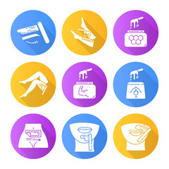 Waxing flat design long shadow glyph icons set. Shin, leg, upper lip, chin hair removal. Cold, hot wax in jar with spatula. Depilation equipment. Professional beauty treatment cosmetics.