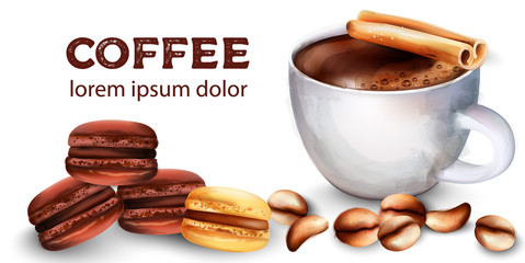 Cup of coffee, beans, cinnamon sticks, french macaroon sweets. Watercolor background