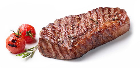 Grilled Beef Steak with tomatoes and rosemary Isolated on white background