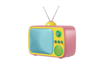 Obraz premium TV set with antenna cartoon style bright pink yellow color isolated white background. Minimalistic vintage design concept. 3D rendering