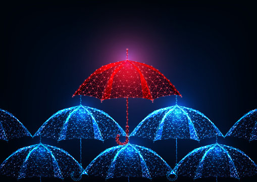 Futuristic uniqueness, stand out concept with glowing low polygonal red umbrella in a crowd of blue