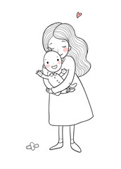 Mom and baby. Cute Cartoon Woman and Baby