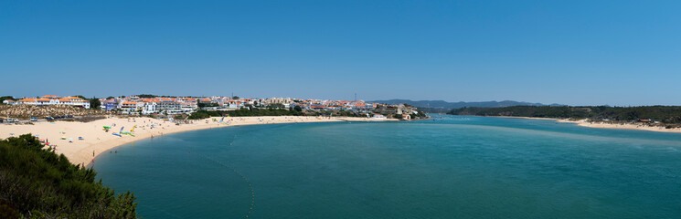 Panoramic view of the village of Vila Nova de Mil Fontes with the beach and the Mira River mouth in...