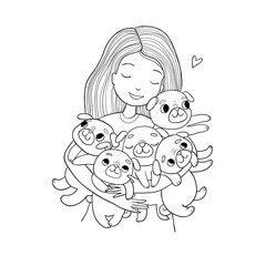 Girl with funny cute pugs. Cartoon cheerful dogs. five puppies.