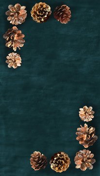 Golden Pine Cones  As Frame Borders On A Teal  Velvet Background