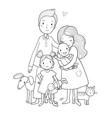 A happy family. Parents with children. Cute cartoon dad, mom, daughter, son and baby. Funny pet cat and dog