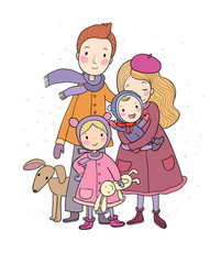 A happy family. Parents with children. Cute cartoon dad, mom, daughter, son and baby. Funny pet cat and dog