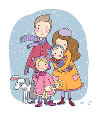 A happy family. Parents with children. Cute cartoon dad, mom, daughter, son and baby. Funny pet cat and dog