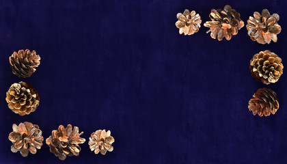 golden pine cones set as borders of a frame with dark blue velvet background