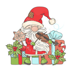 VIOLIN SANTA MUSIC Merry Christmas and New Year Musician Holiday Cartoon Vector Illustration Set for Print Fabric and Decoration