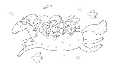 Little Prince. Cute cartoon boy in a crown flies on a pony. Cheerful hare, sheep and chicken