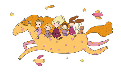 Little Prince. Cute cartoon boy in a crown flies on a pony. Cheerful hare, sheep and chicken