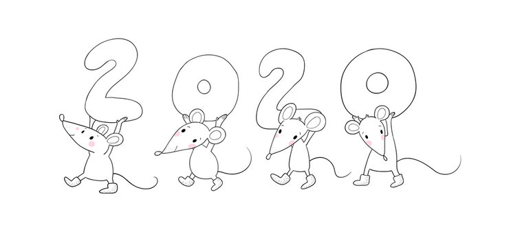 Cute cartoon rats. greeting card. Chinese Zodiac Sign Year of Rat. New Year 2020. Animal cartoon character set. Funny mouse and Christmas tree