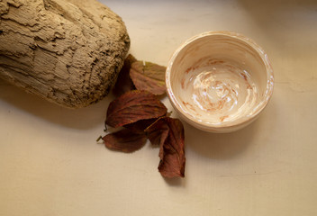still life with nerikomi pottery and fallen leaves