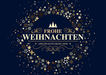 Fototapeta na wymiar German Dark Christmas Greeting Card with Stars and Snowflakes Arranged in a Circular Shape - Modern Graphic Illustration, Vector